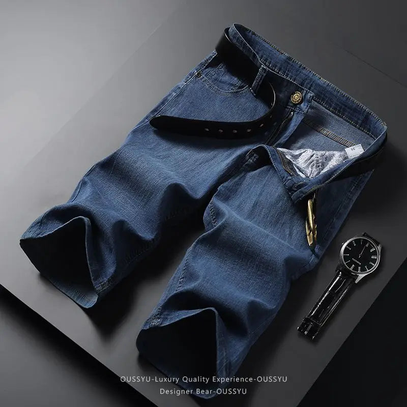 Summer Thin Men's Denim Shorts Cotton Straight Casual Baggy Knee Pants Trendy Work Cargo Bermuda Mid-Length Jeans Jorts Man