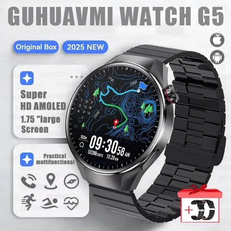 2025 New Watch G5 PlUS Smart Watch Men 1.75"AMOLED Screen GPS Track Compass Heart Rate Bluetooth Call SmartWatch For Android IOS