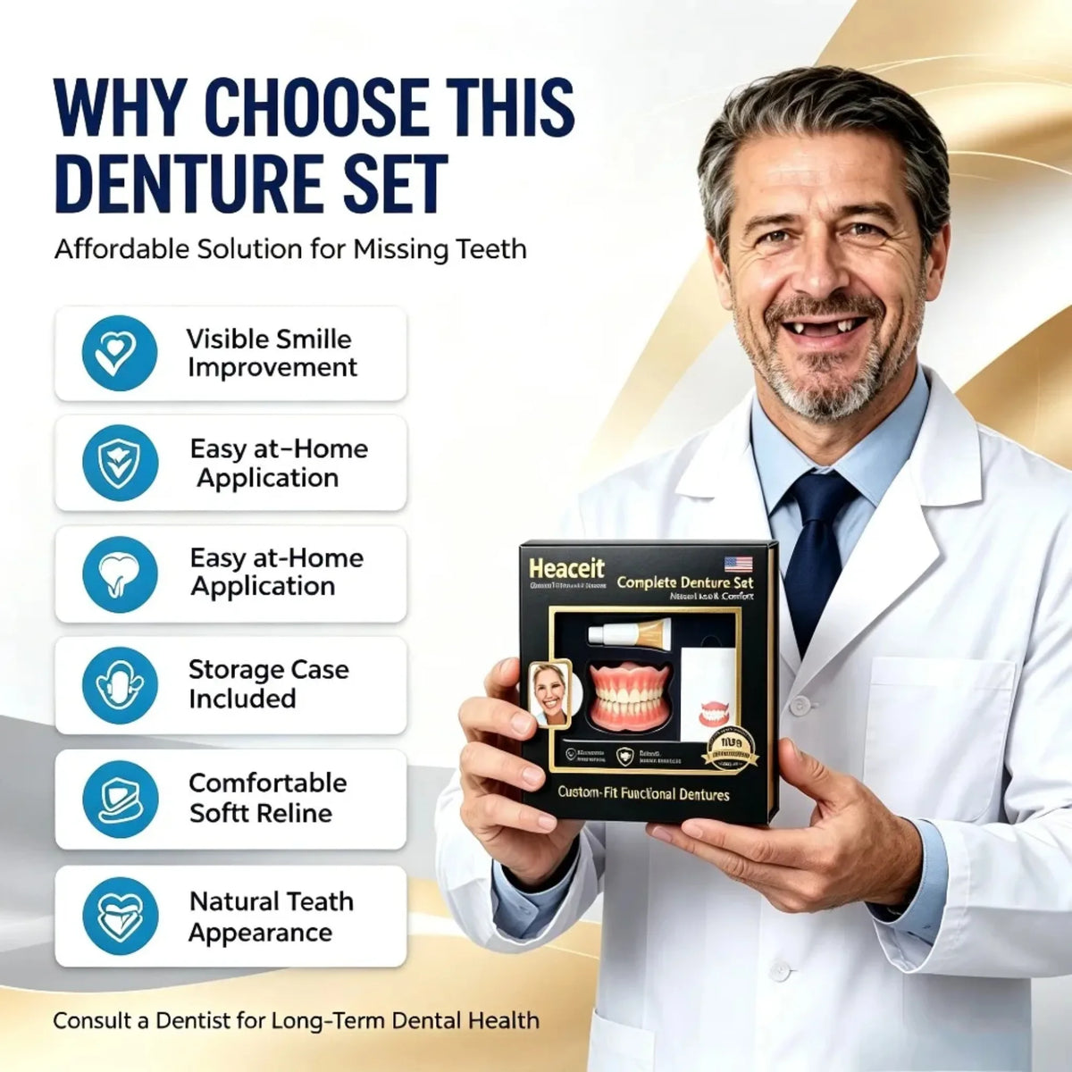 Flexible Moldable Silicone Denture Set, Upper Lower Natural Ivory False Teeth, Instant Smile with Free Toothbrush & Toothpaste