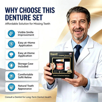 Flexible Moldable Silicone Denture Set, Upper Lower Natural Ivory False Teeth, Instant Smile with Free Toothbrush & Toothpaste