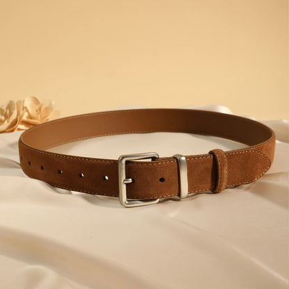 Luxury Suede Cowhide Leather Belt for Women, Vintage Style with Gold Buckle, 3.3cm Wide Waistband for Dresses & Jeans