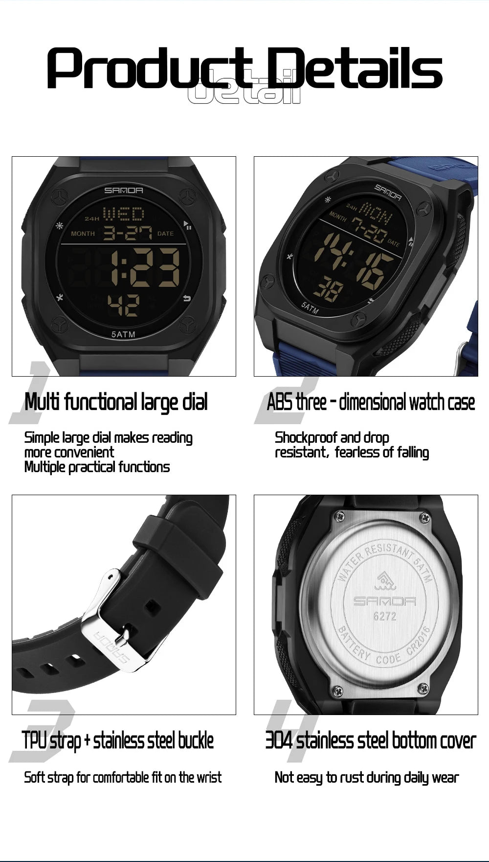 SANDA Digital Watch Multi-function Alarm Clock Luminous Waterproof Silicone Wristwatch Casual Students Electronic Watches
