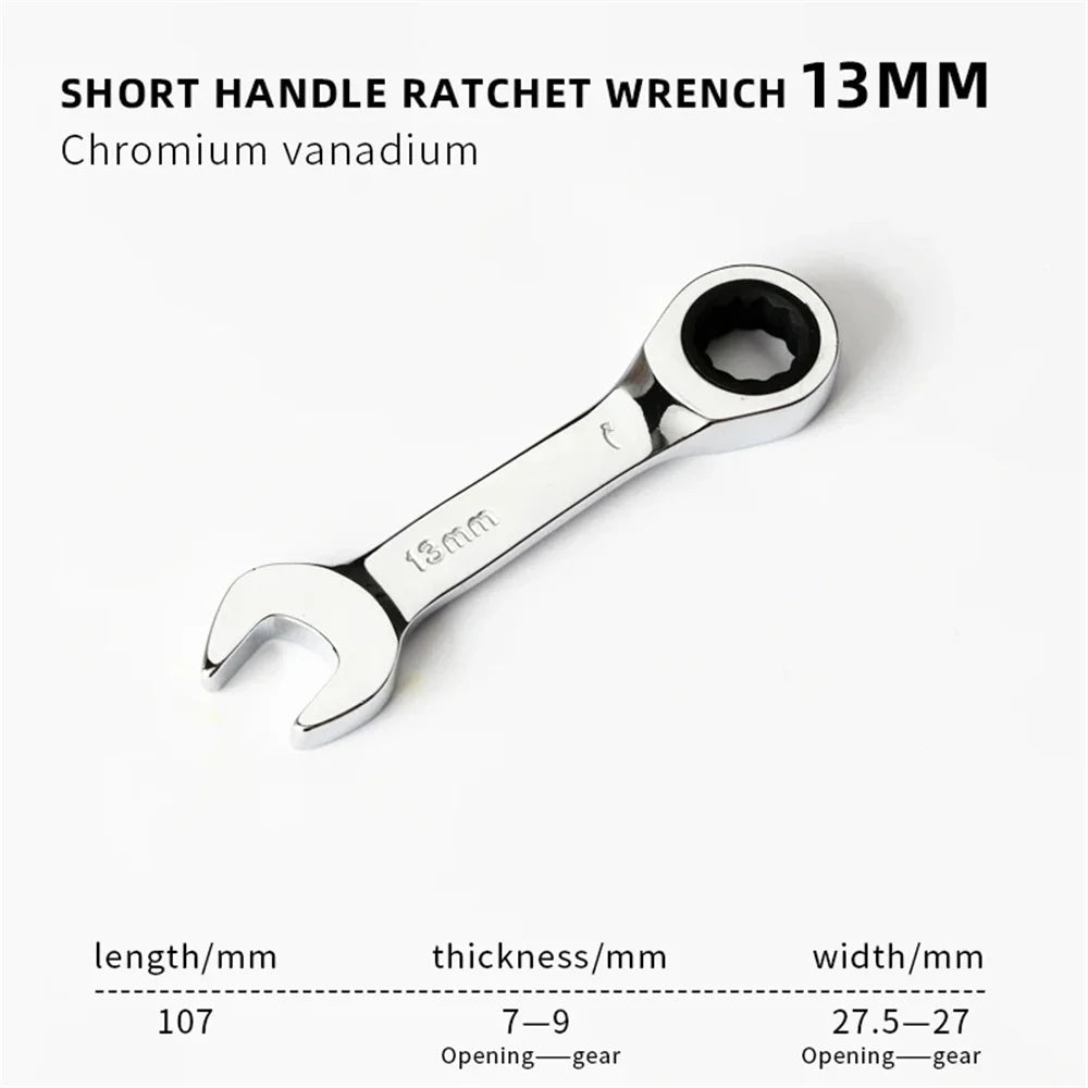 1Set 6mm-19mm Reversible Combination Stubby Single Wrench Stubby Combination 72 Tooth Ratchet Socket Spanner Nut Repair Tools