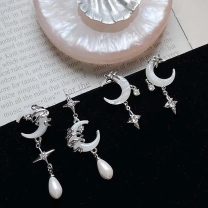 Fashion Asymmetric Shiny Star Moon Drop Earrings for Women Exquisite Metal Crystal Pearl Earrings Aesthetic Jewelry Accessories