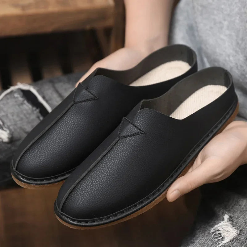 Fashion Leather Men Casual Shoes Slip on Man Loafers Breathable Soft Half Slippers Summer Flats Lightweight Lazy Driving Shoes