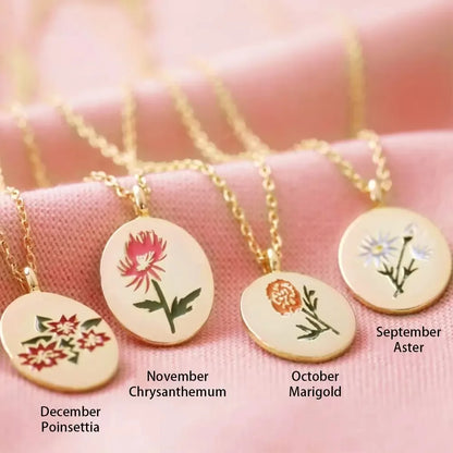 Vintage Birth Month Flower Necklace for Women Stainless Steel Geometric Floral Oval Pendant Clavicle Chain Mothers Day Jewerly