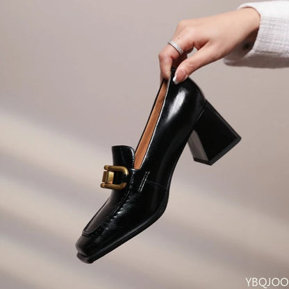 2026 Spring Autumn Fashion New Style Wide Head High Heels Shallow Mouth Women's Single Shoes Coarse Heels Hooded Women's Shoes
