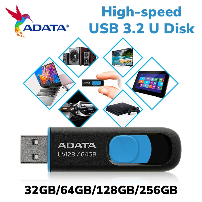 Original ADATA USB Pendrive UV128 USB 3.2 Memory Stick 128GB 32GB 64GB Flash Disk USB Stick Storage Disk Black Portable U Disk
