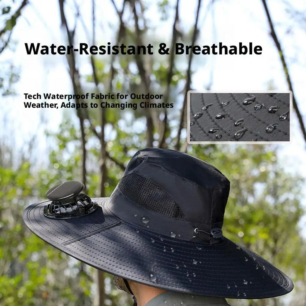 New Multi-Function Solar Fan Sun Hat - Waterproof Fishing Hat with Built-In USB Charging & Wide Brim for UV/Heat Protection