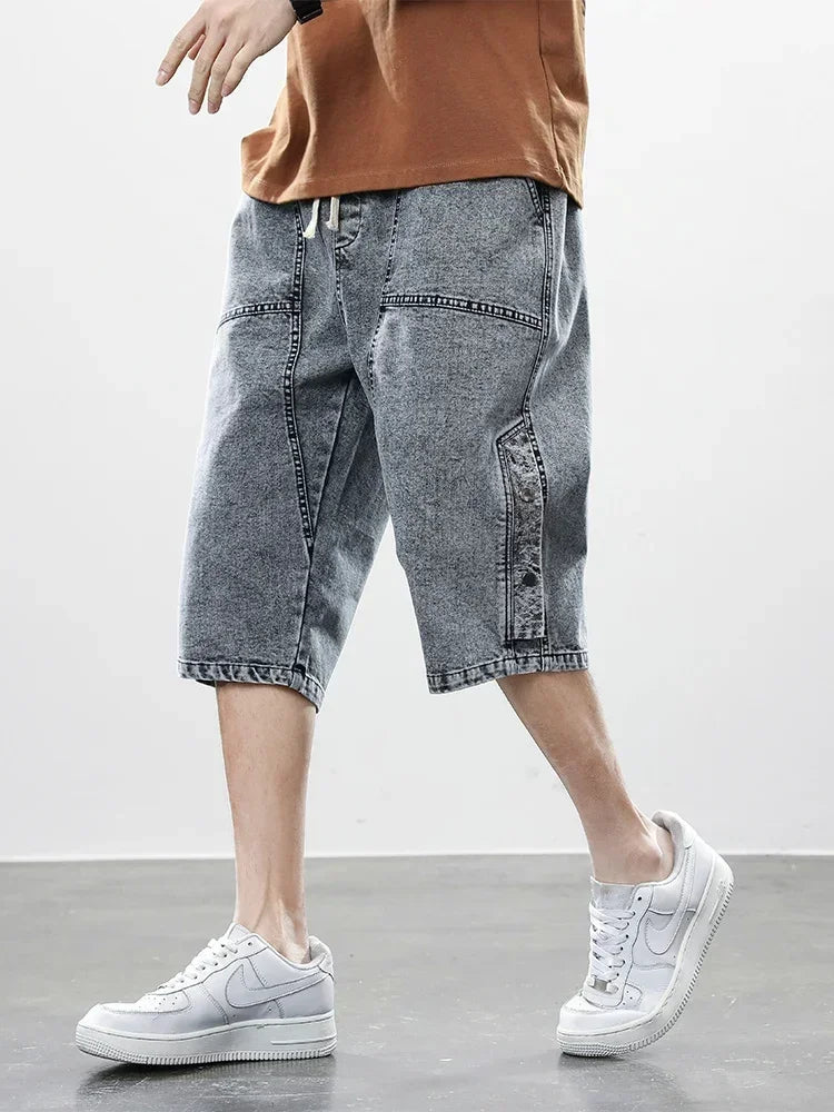 8XL Summer Men's Jeans Denim Breeches Calf-Length Casual Shorts Washed Cotton Drawstring Straight Capris Pants Big Size
