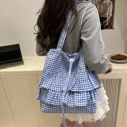 Cute Plaid Cotton Tote Bag Large Capaci Lace Trim Women's Summer 2026 Simple Lady Handbag Soft Shoulder Bags Bolsa Feminina
