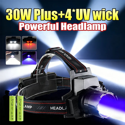 Ultra Powerful Led Headlamp Rechargeable Headlight Strong Light Head Torch UV Headlight Camping Hunting Front Light