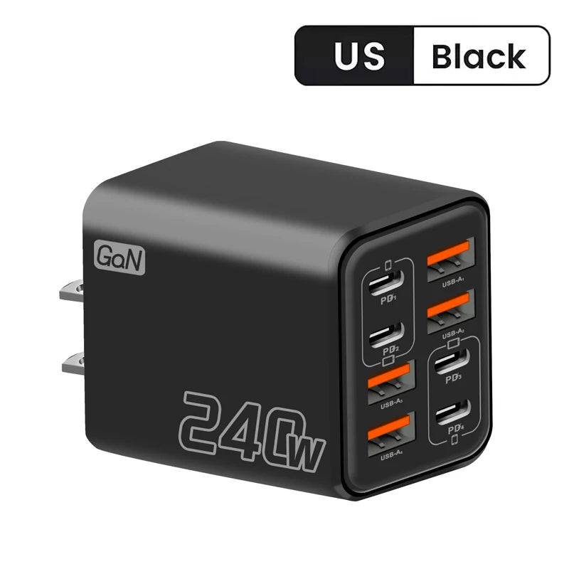 Ładowarka GaN USB C 240 W 8 w 1 Szybkie ładowanie Ładowarka do telefonu Zasilacz do iPhone'a Samsung Xiaomi Typ C Ładowarka ścienna z wtyczką EU/US