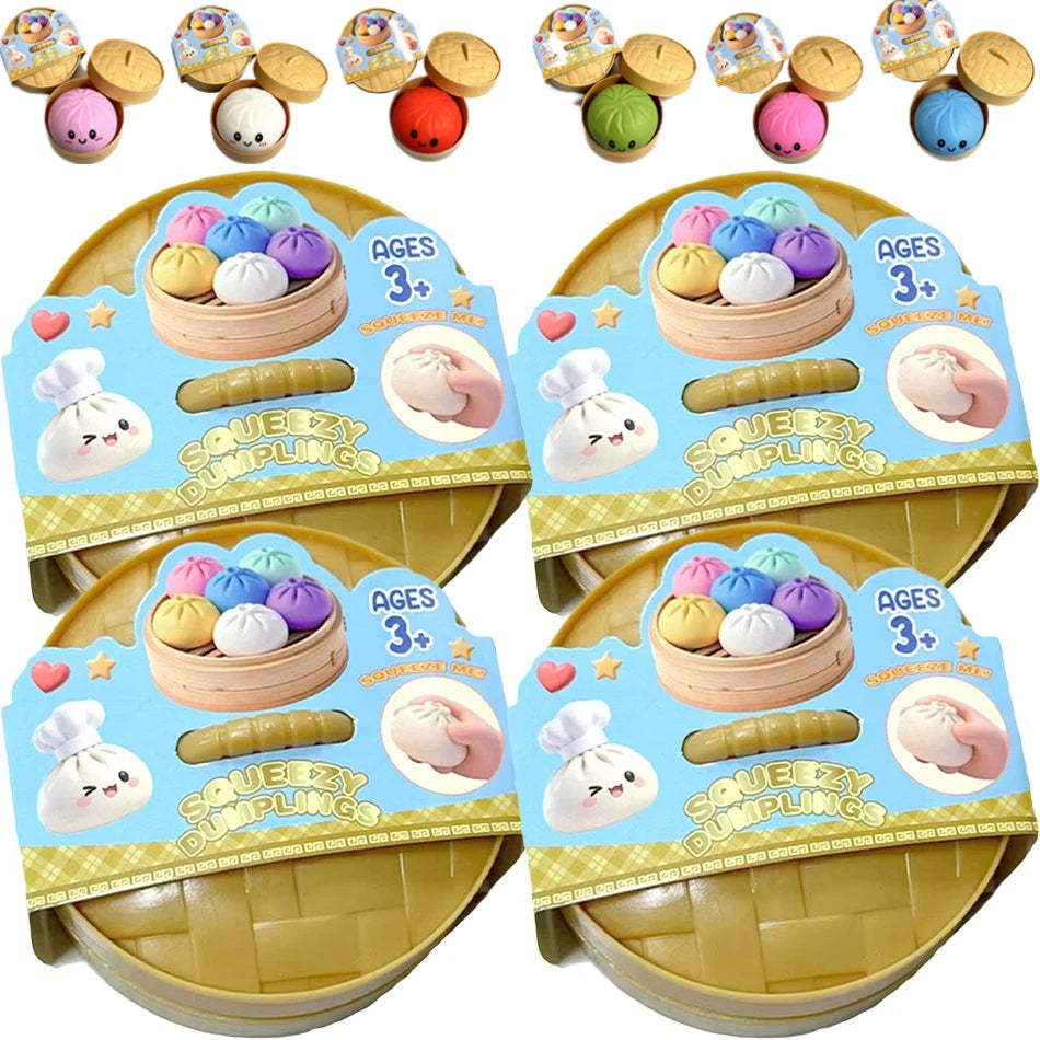Colorful Dumpling Squishes Stress Balls Fidget Sensory Toys Simulation Food Squishies Bun with Steamer Squeeze Dough Ball Gifts