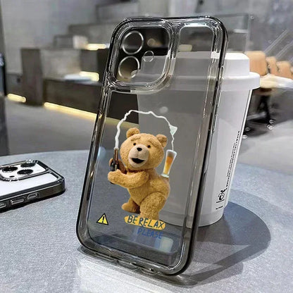 Funny Cartoon Bear Phone Case for iPhone 17 16 15 14 13 12 11 Pro Max Mini SE 7 8 Plus Luxury Shockproof Transparent Soft Cover