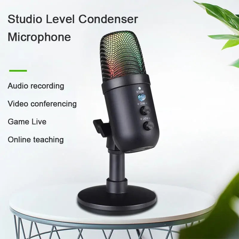 USB Gaming Microphone for PC Condenser Podcast Mic for Studio Recording Headphone Jack RGB Noise Cancellation with Mute Button