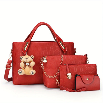 4pcs Geometric Pattern Tote Bag, Fashion Handbag Chian Crossbody Bag, Clutch Bag and Card Holder Purses and Handbags Hand Bag