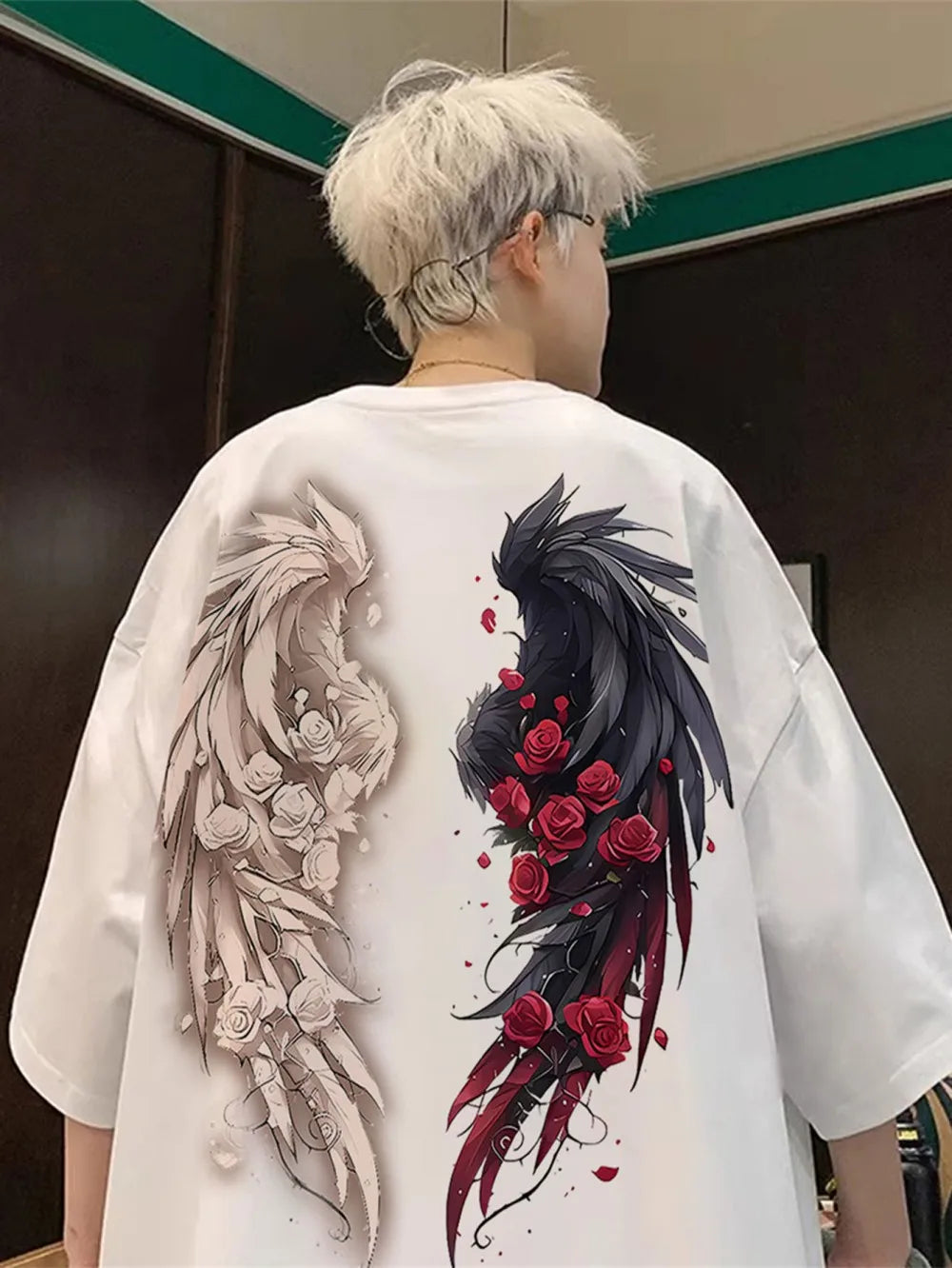 Fashionable men's summer personalized angel wing print, comfortable and breathable round neck T-shirt outdoor street top