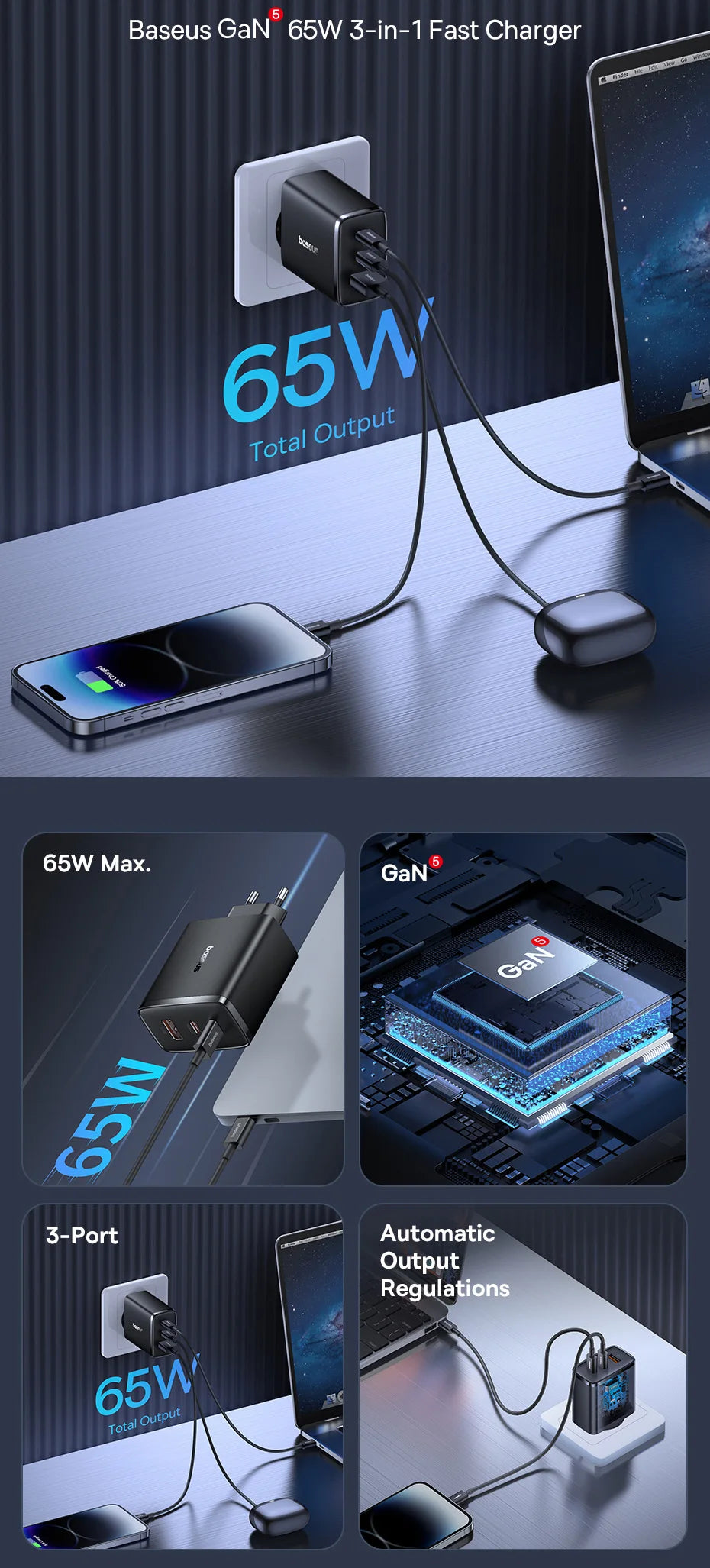 Ładowarka Baseus 65W USB C GaN, wspiera ładowanie QC PD, przenośna szybka ładowarka do iPhone'a 17 16 15, Xiaomi, ładowarka do laptopa