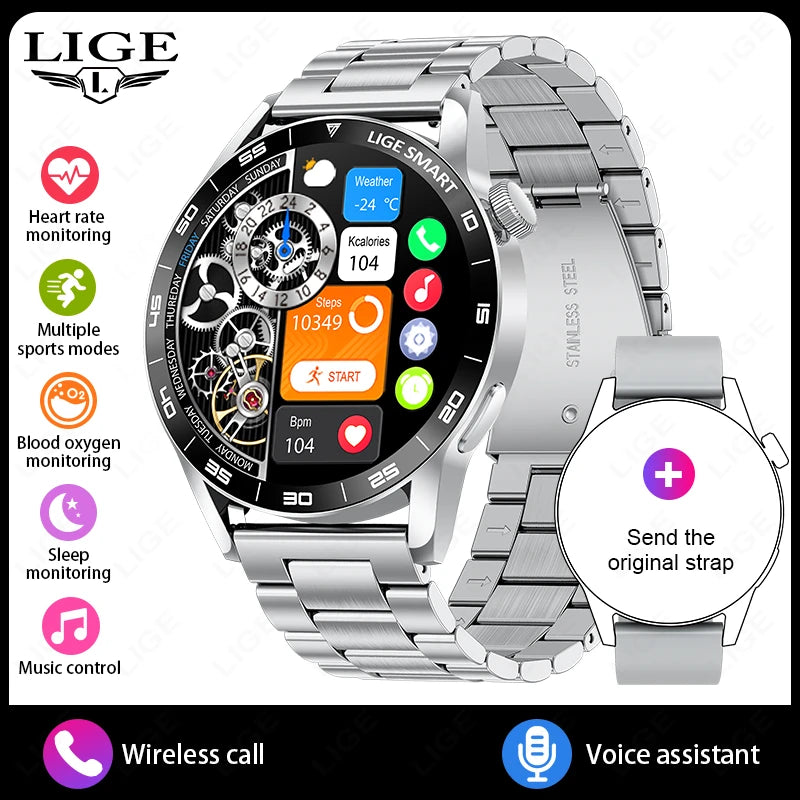LIGE Full Touch Smartwatch Outdoor Military Smart Watch 1.38" HD Screen Bluetooth Call IP68 Waterproof Sport Fitness Watches Men