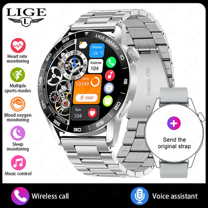 LIGE Full Touch Smartwatch Outdoor Military Smart Watch 1.38" HD Screen Bluetooth Call IP68 Waterproof Sport Fitness Watches Men