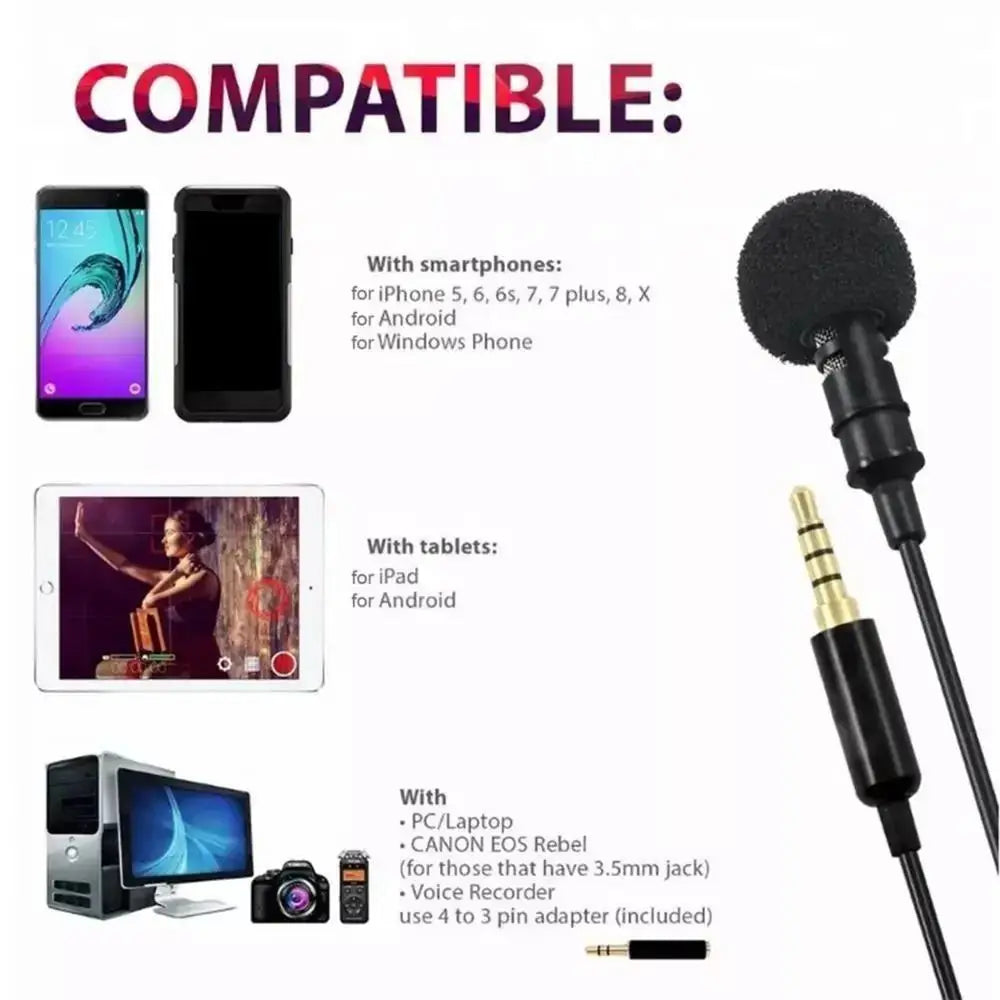 New 3.5mm Lapel Microphone Mini Black Clip on Lapel Mic Wired 360 Degrees Speaker Mic for Mobile Phone/PC Laptop For Recording