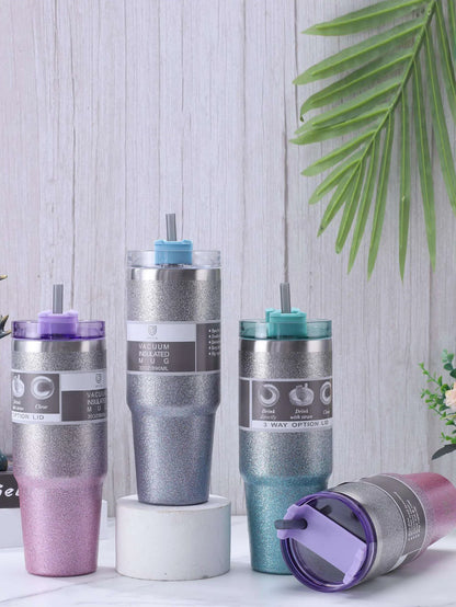 Gradient starlight double-layer stainless steel insulated and chilled cup - with a straw, flat-bottled cup, coffee cup, car cup