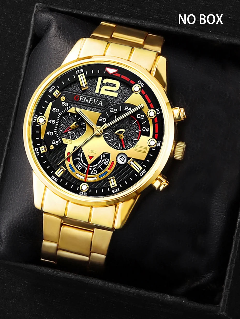 Men's Casual Fashion Quartz Watch Set with Ring Necklace Bracelet Combo Suitable for Daily Wear Perfect Father's Day Gift