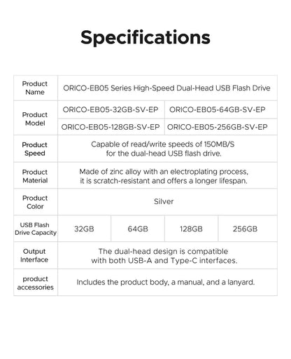 ORICO 128GB USB C Flash Drive Dual USB 3.2 Flash Drive Type C + USB A Portable Type-C Flash Drive 2-in-1 USB-C Thumb Drive