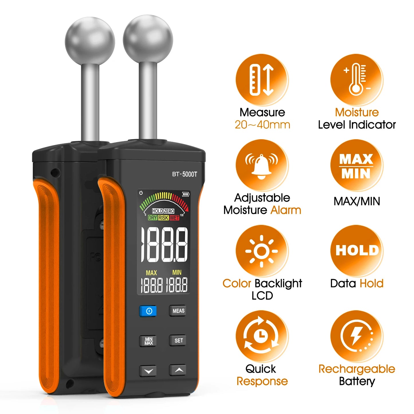 BTMETER Wood Moisture Meter - Pinless Moisture Detector Measur Depth 20-40mm Non-Destructive Moisture Tester with Masonry