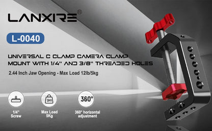 Lanxire C Clamp Camera Clamp Mount with 1/4’’ and 3/8’’ Threaded Holes - 2.44 Inch Jaw Opening - Max Load 12lb/5kg