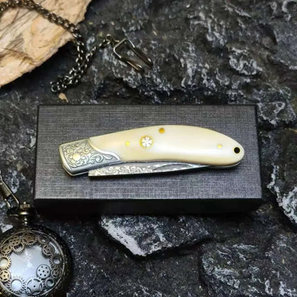 Damascus Steel Pocket Knife Cowbone Handle Outdoor Folding Knife High Hardness Wilderness Camping Survival and Self-Defense TOOL