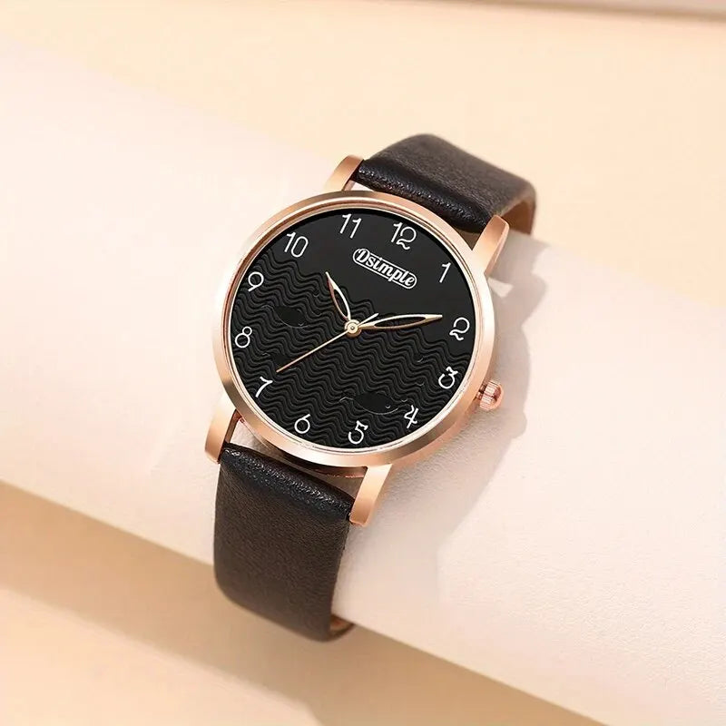 6pcs Sets Luxury Women's Black Leather Watches Butterfly Dial with Quartz Wristwatch Women Earring Bracelet Necklace Set