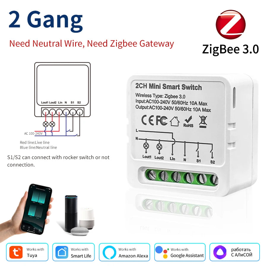 1/2/3 Gang Tuya Smart Light Switch Module Zigbee 3.0 Smart Life for Alexa Google Home Yandex DIY Remote Breaker Delay 100-240V
