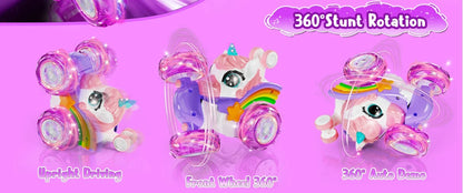 Unicorn Remote Control Car for Girls, 360° Rotating 4WD Stunt RC Cars with Cute Lights, Rechargeable Toys-Kid for Birthday Gifts