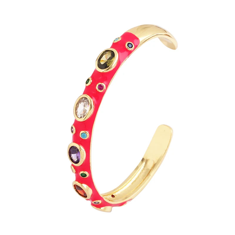 Fashionable Multicolor Gold Plated Gemstone Charm Bangle,Fine Colorful Enamel Open Adjustable Bracelet Jewelry Supply  Q35