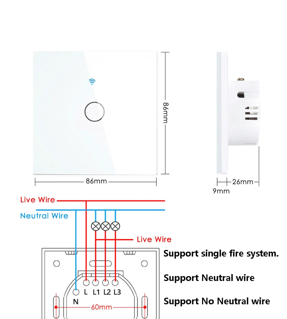 Tuya WiFi Smart Switch Works With Alexa No Neutral Wire Wireless RF433Mhz Remote Wall Touch Sensor Lightes Switch 1/2/3Gang