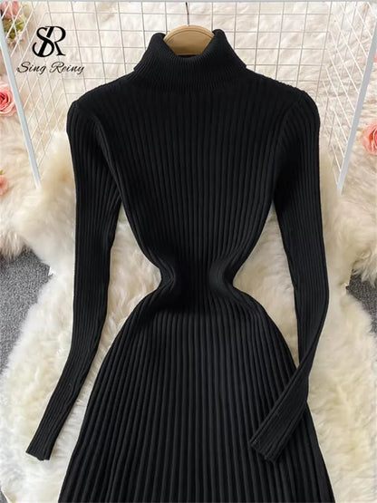 SINGREINY Women Pleated Knitted Dress Turtleneck Long Sleeve Elastic Slim Pencil Dress Autumn Winter Sexy Bodycon Sweater Dress