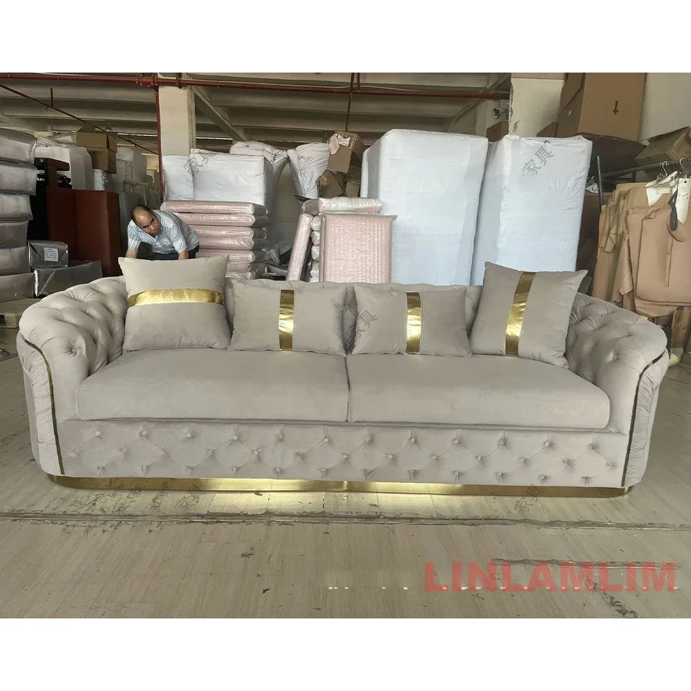 Luxury Chesterfield Sectional Sofa Set with Cloth Buttons and Fabric Modular Couch with Gold Stainless Steel Base, 3-seater Sofa