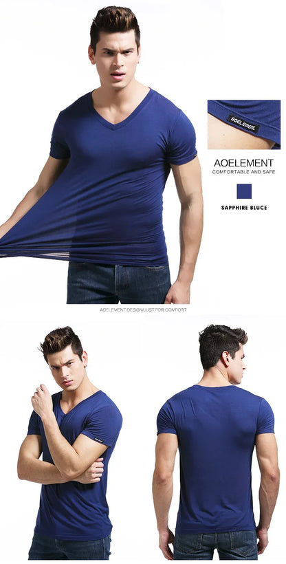 Modal summer round neck tight men's short sleeve V-neck T-shirt solid color vest T-shirt slim-fit sports undershirt