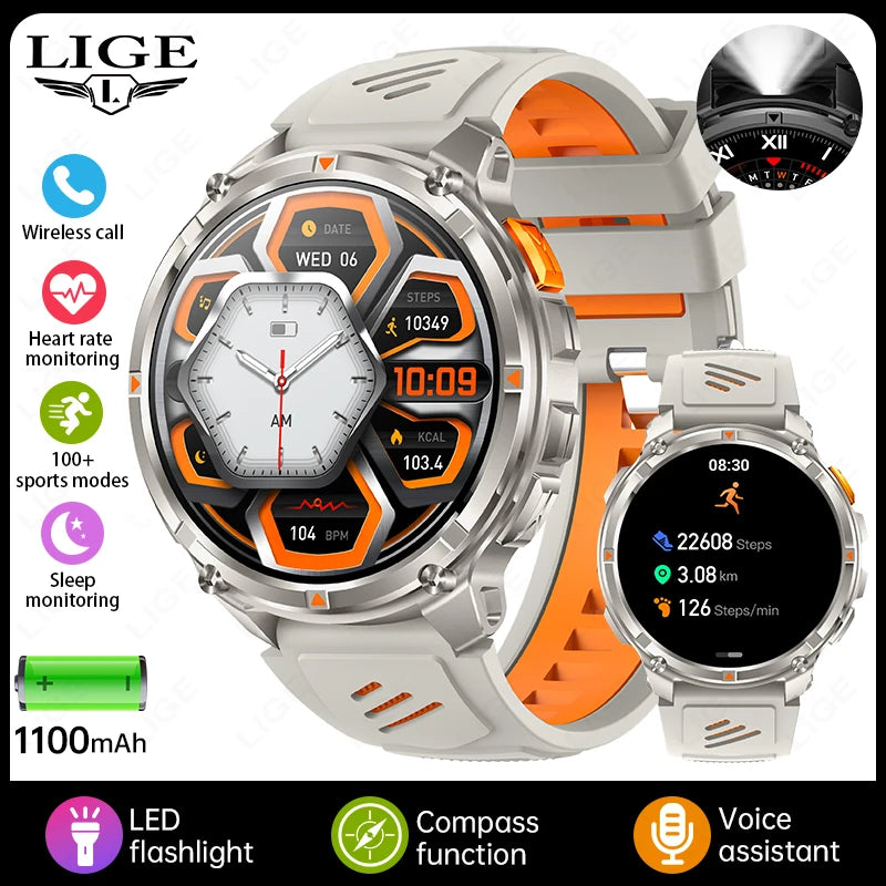 LIGE Smart Watch 2026 Gorąca Sprzedaż 1100mAh Wojskowy Wodoodporny Kompas Latarka LED Tryby Sportowe Męski Smartwatch Dla Android iOS