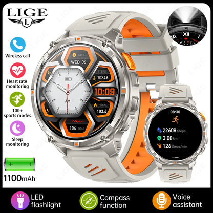 LIGE Smart Watch 2026 Gorąca Sprzedaż 1100mAh Wojskowy Wodoodporny Kompas Latarka LED Tryby Sportowe Męski Smartwatch Dla Android iOS