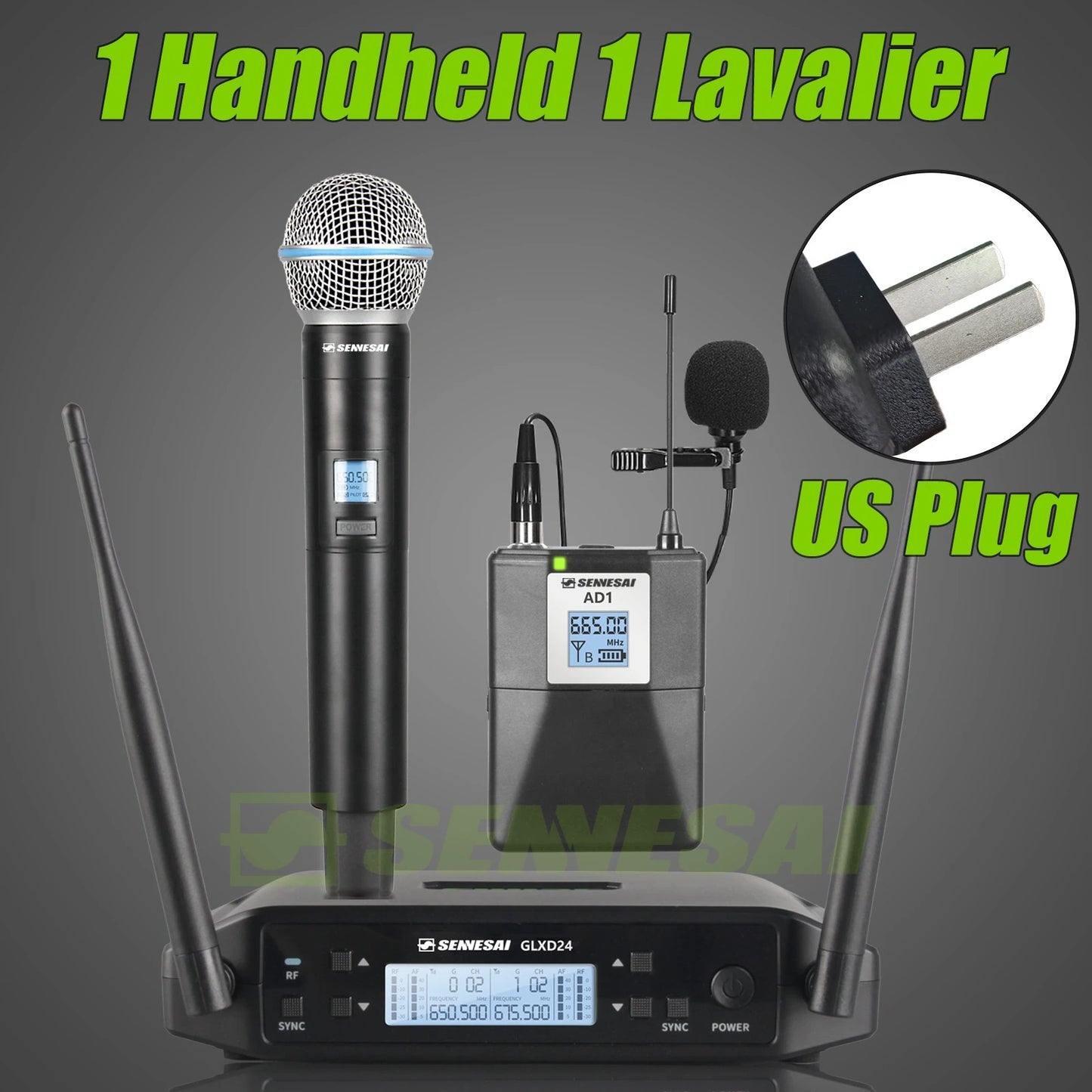 SENNESAI GLXD24 B58 Professional Dual Wireless Microphone 600-699MHz System Stage Performances UHF Dynamic 2 Channel Handheld