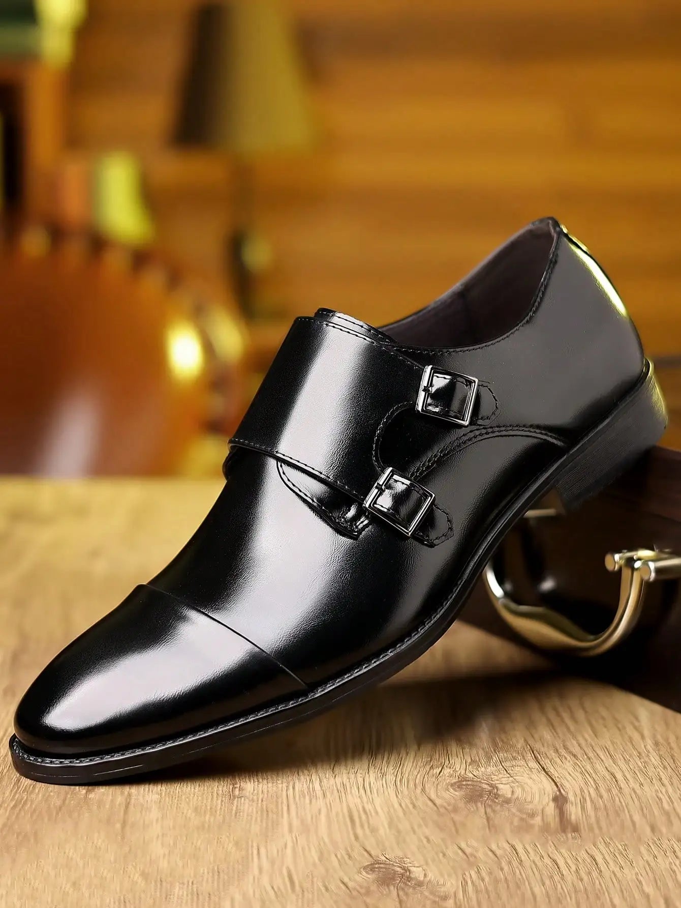QRLQRL Luxury Leather Double Buckle Monk Strap Formal Shoes for Men Classic Cap Toe Business Office Wedding Dress Shoes