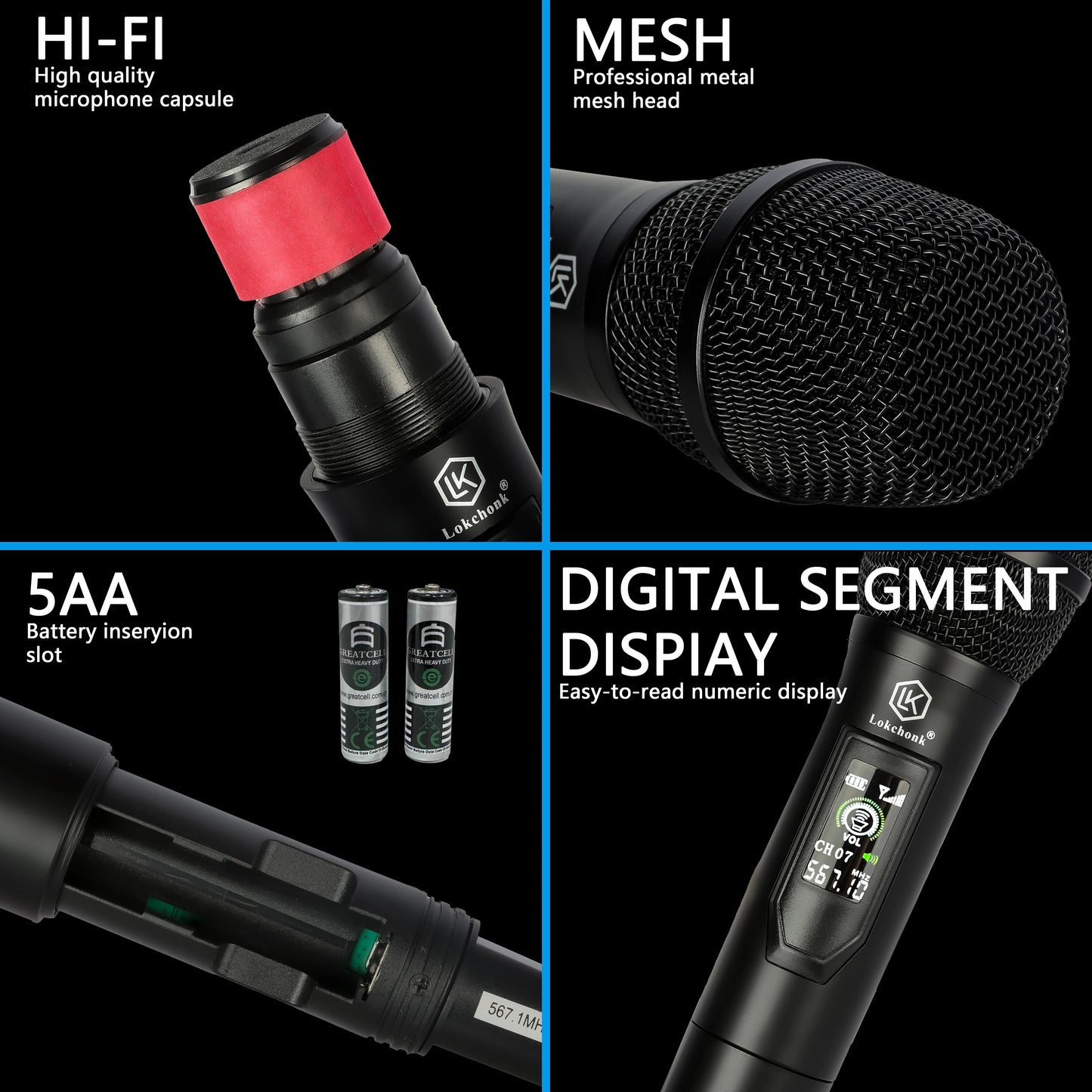 Lokchonk GLXD-2 Pro Professional Dual Channel Wireless Microphone System with 2 Handheld Mics for Stage Karaoke Speech Teaching