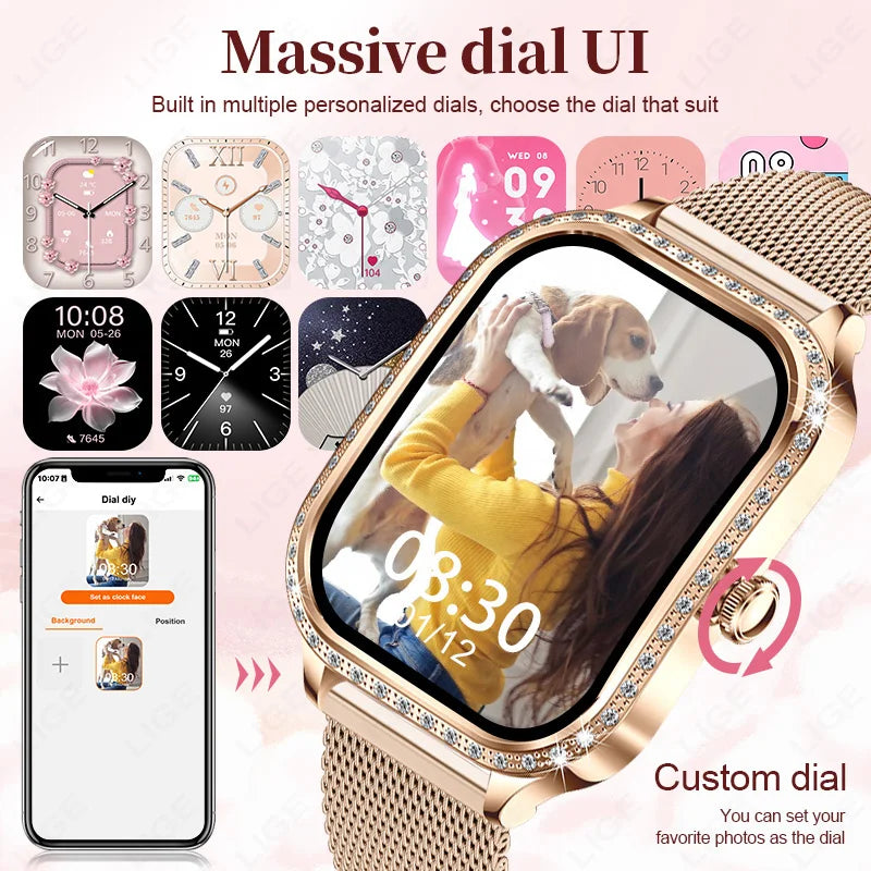 LIGE Fashion Design Women Smart Watch 1.75" Curved Screen Smartwatch Bluetooth Call Clock IP68 Waterproof Diamond Case Bracelet