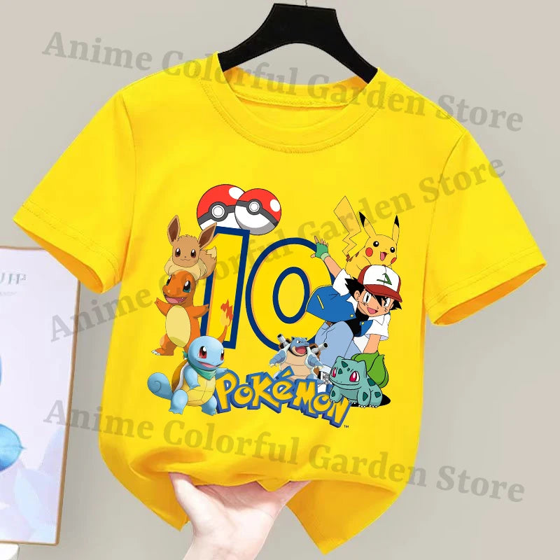 Anime Pokemons Number Printed T-shirts for Boys Girls Pikachu Cartoon Cute Short-sleeved Top Children Summer Fashion T-shirt