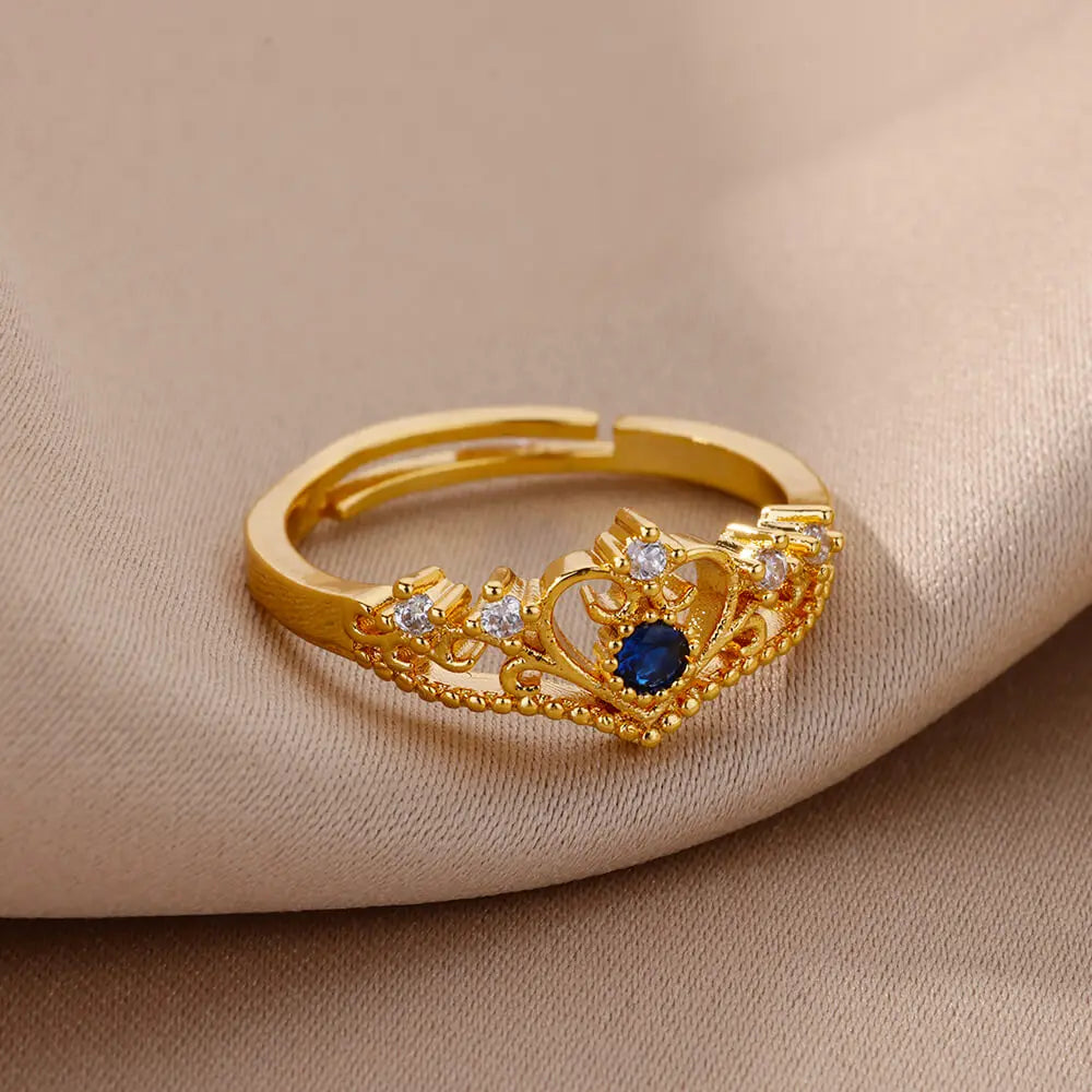 Blue Zircon Crown Rings For Women Stainless Steel Gold Color Adjustable Crown Ring 2026 Trend Design Female Wedding Jewerly Gift