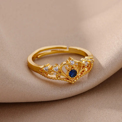 Blue Zircon Crown Rings For Women Stainless Steel Gold Color Adjustable Crown Ring 2026 Trend Design Female Wedding Jewerly Gift