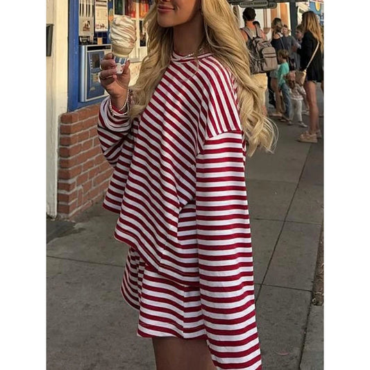 Combhasaki Women 2Piece Striped Y2k Outfits Set Casual Long Sleeve Crew Neck Shirt Tops+Elastic Waist Wide Leg Shorts Tracksuits